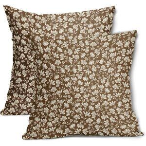 Brown Beige Daisy Floral Pillow Covers 20x20 Set of 2 Cotton Linen Farmhouse Dec